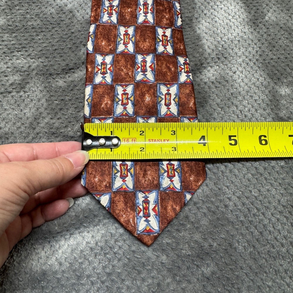 Embassy Square Mens Silk Tie Brown Geometric Print Made in USA Italian Fabric - Picture 8 of 8